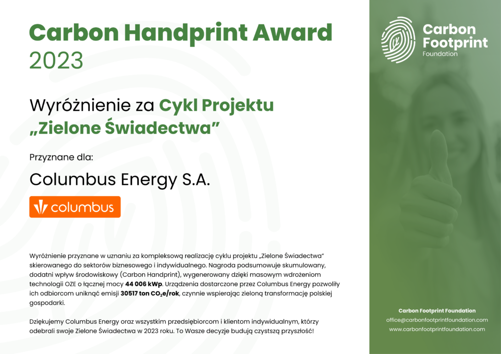 Carbon Handprint Award: Wyjątkowe wyróżnienie dla Columbus Energy za cykl projektu „Zielone Świadectwa”